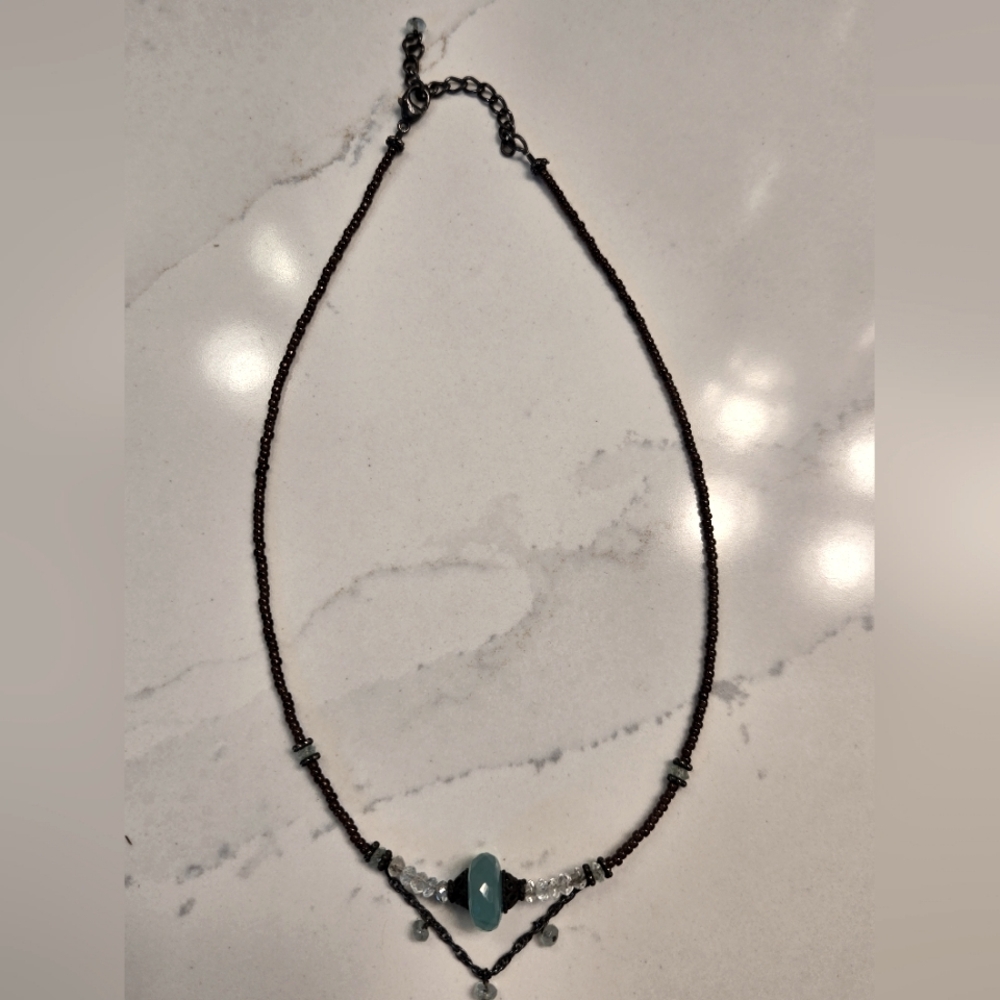 Elegant Beaded Necklace with Aqua and Bronze colored beads. Adjustable length - Picture 3 of 13